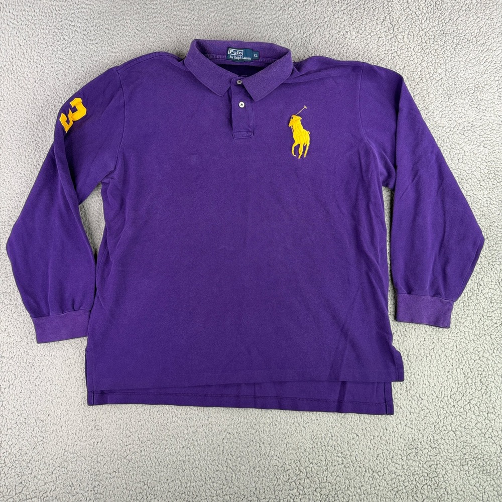 Polo Ralph Lauren Polo Shirt Mens XL Purple Big Pony Long Sleeve Yellow Logo 3